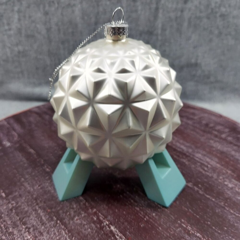 Epcot Spaceship Earth‎ Ornament With Silver String & Aqua Stand